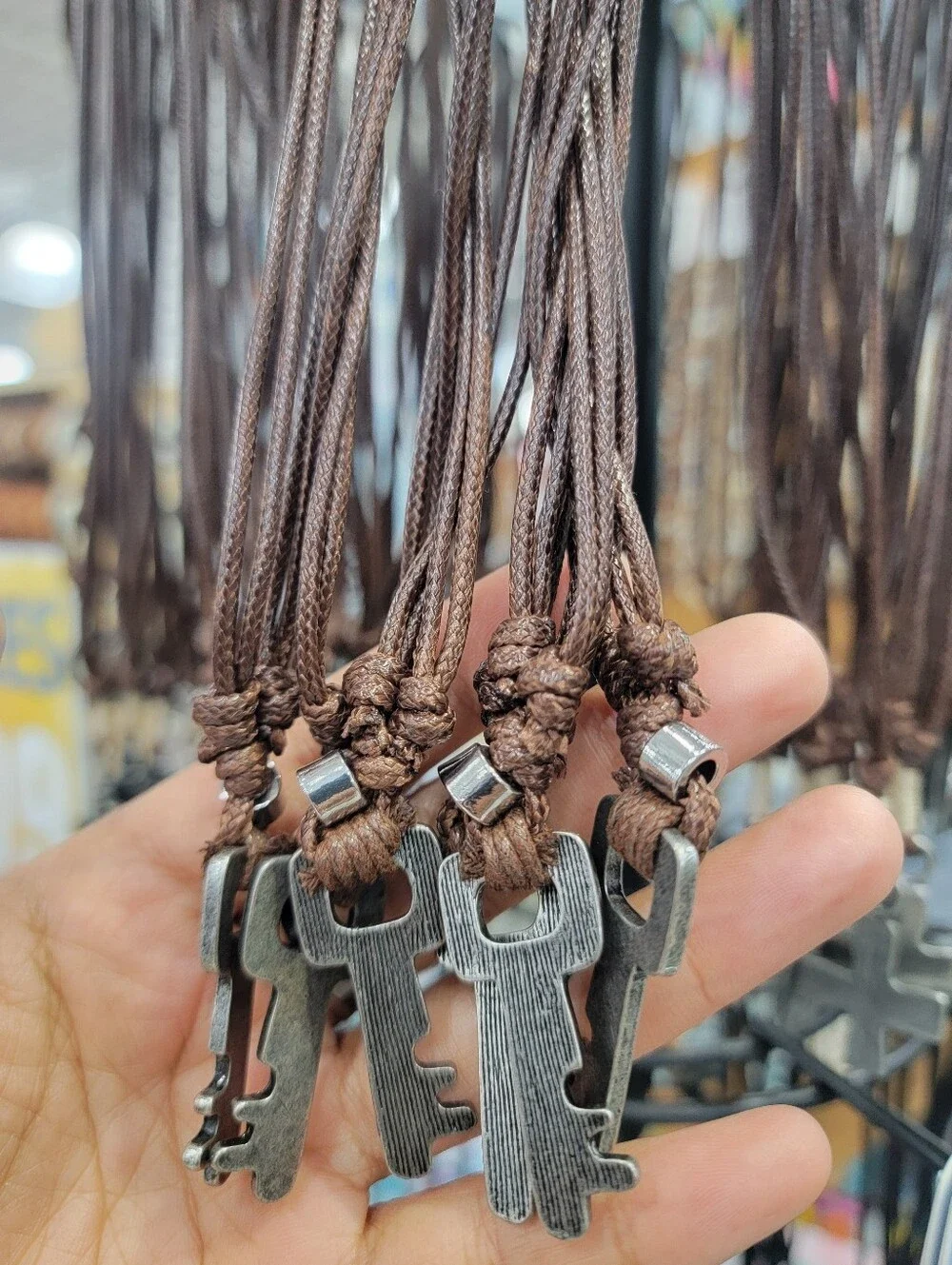 Antique Silver Key Pendant Necklace with Brown Cord
